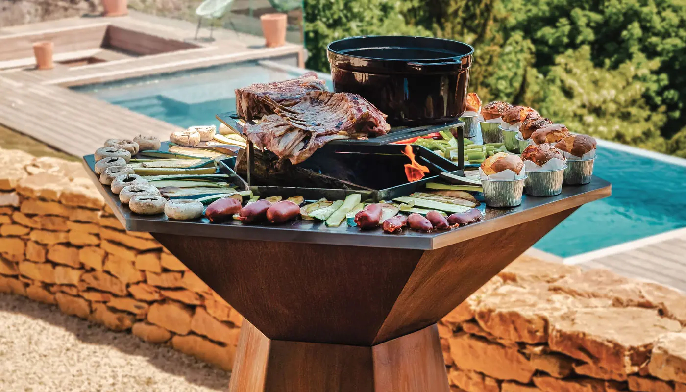 Brasero plancha Hexagone pour repas convivial en extérieur